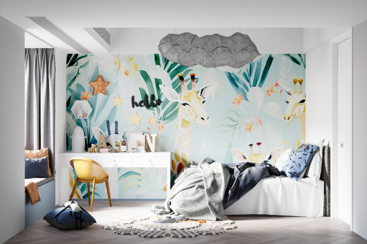 Tropical Giraffe Mural in playroom showing scale and vibrant colors