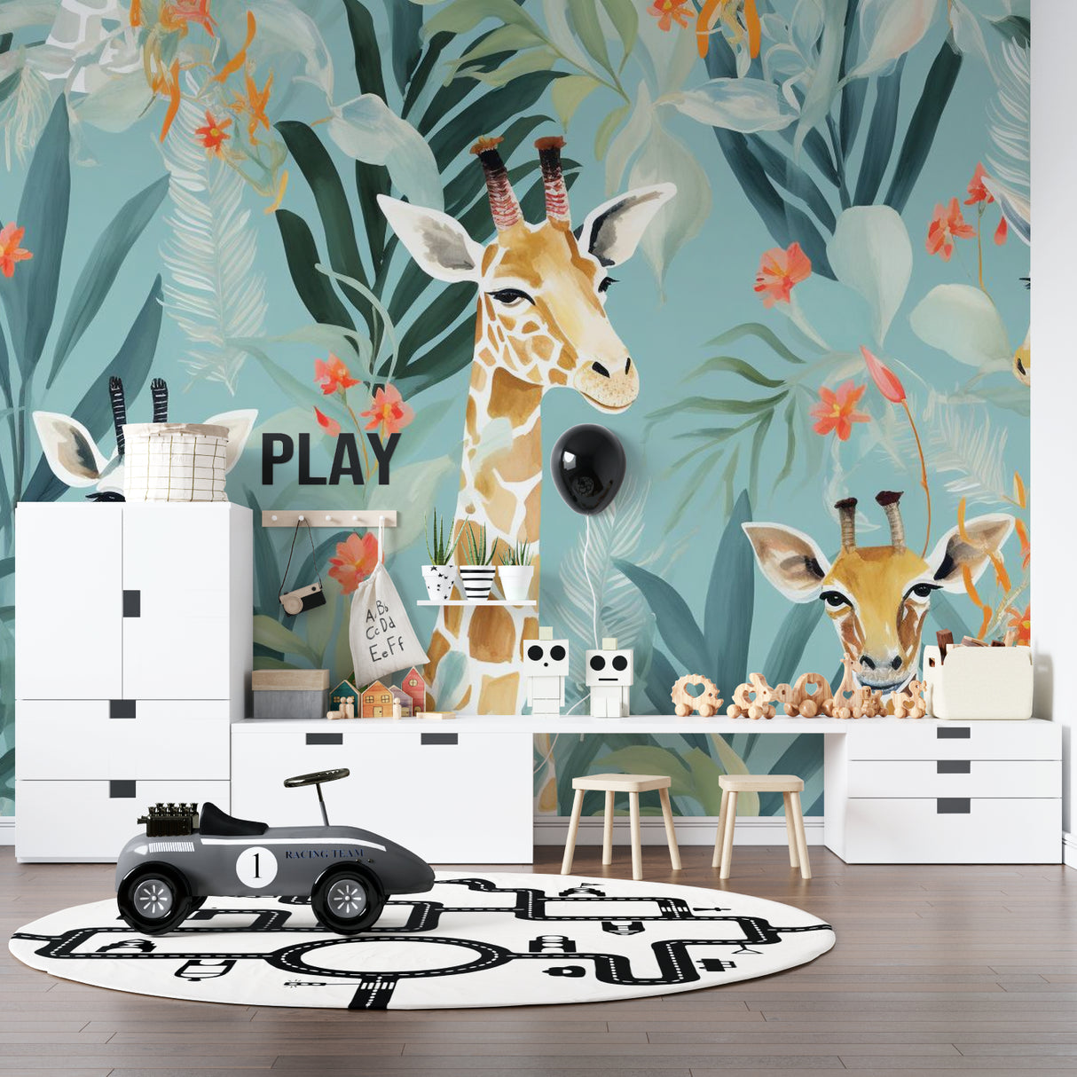 Safari Animal Wallpaper in child's reading nook with cozy seating
