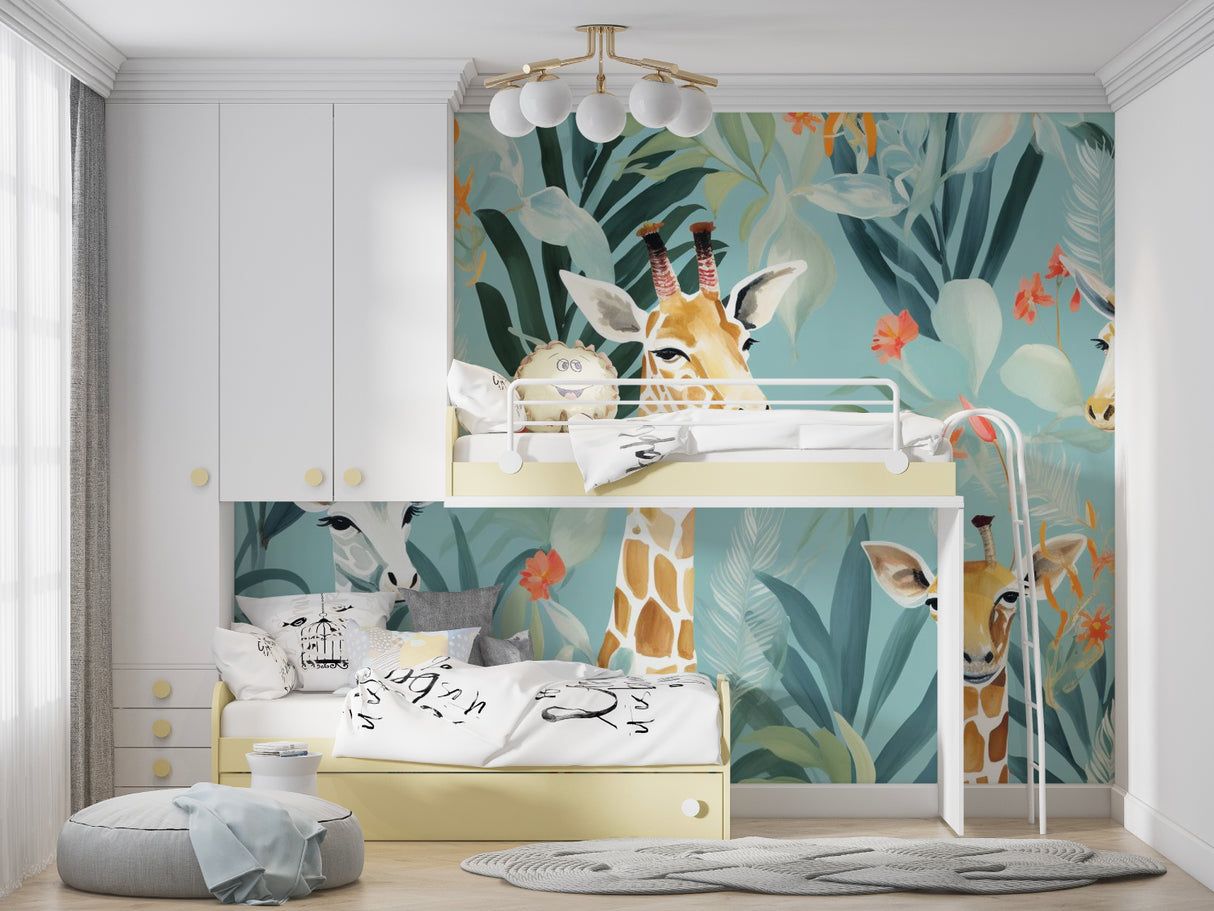 Giraffe Wall Mural displayed in baby room with minimal decor