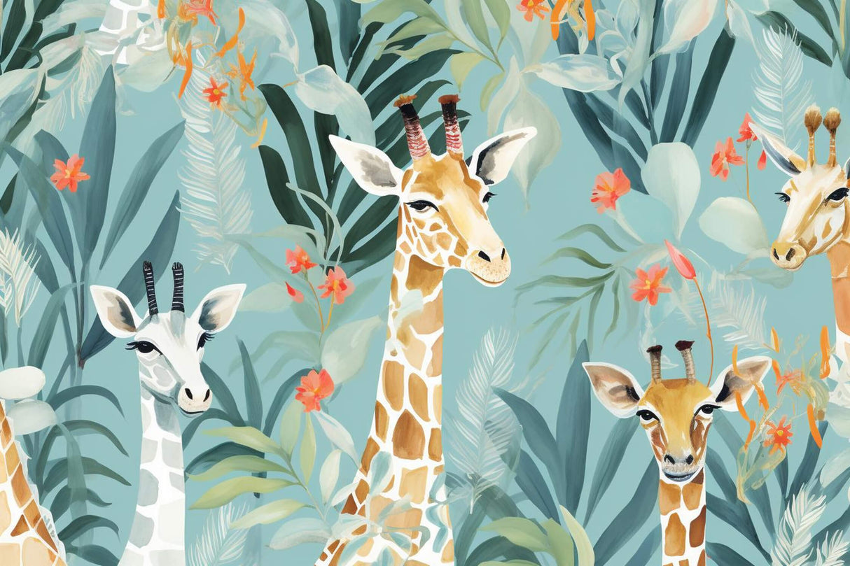 Giraffe Safari Paradise design file showing full pattern with tropical elements and watercolor finish