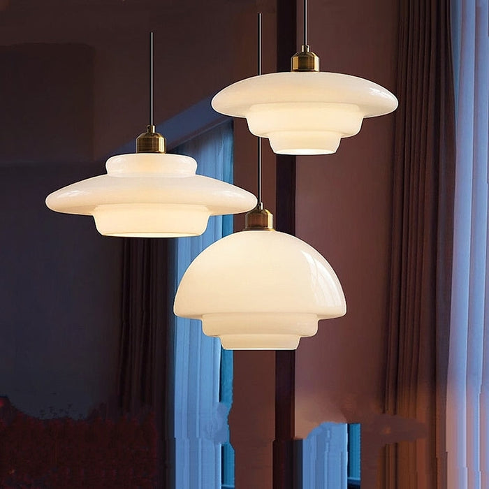 Glass Dome Pendant Light Tiered Ivory Shade with Brass Accent - Product detail 8