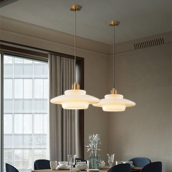 Glass Dome Pendant Light Tiered Ivory Shade with Brass Accent - Product detail 9