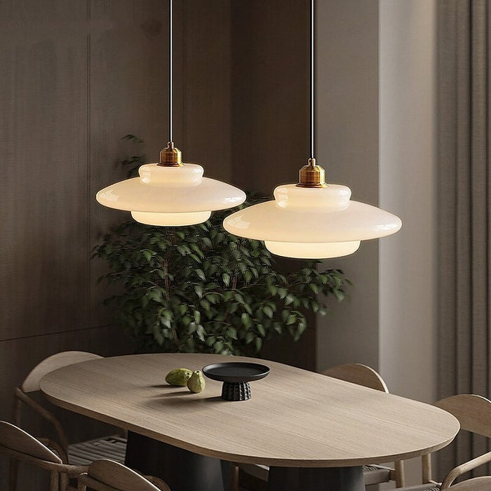 Glass Dome Pendant Light Tiered Ivory Shade with Brass Accent - Product detail 10