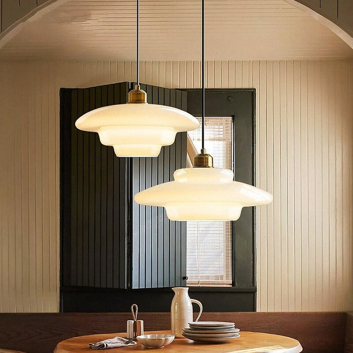 Glass Dome Pendant Light Tiered Ivory Shade with Brass Accent - Product detail 6