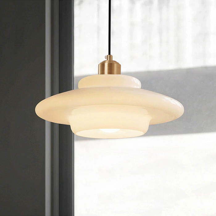 Glass Dome Pendant Light Tiered Ivory Shade with Brass Accent - Product detail 13