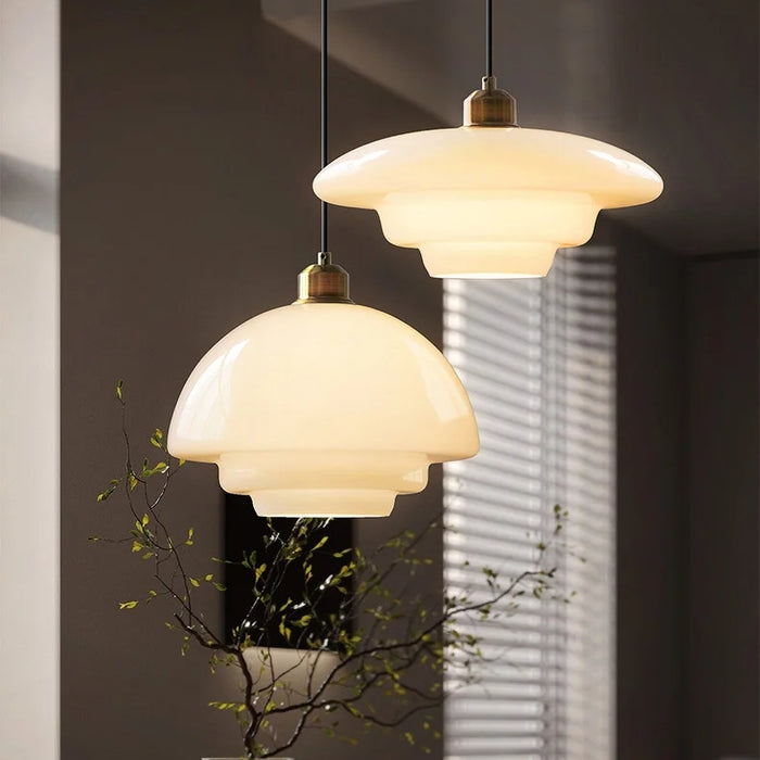 Glass Dome Pendant Light Tiered Ivory Shade with Brass Accent - Product detail 15