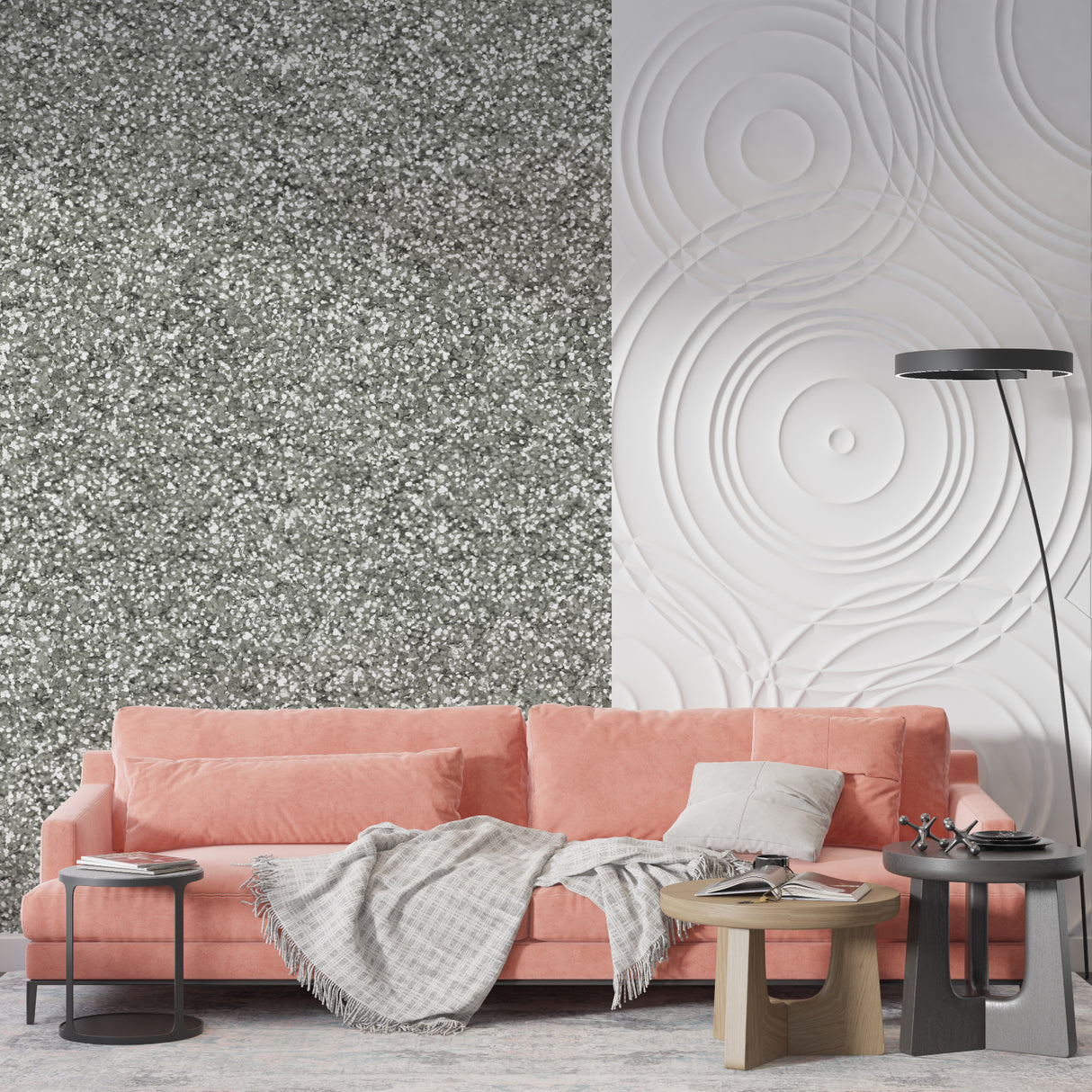 Silver glitter wallpaper in modern living room creating a luxurious atmosphere with natural light