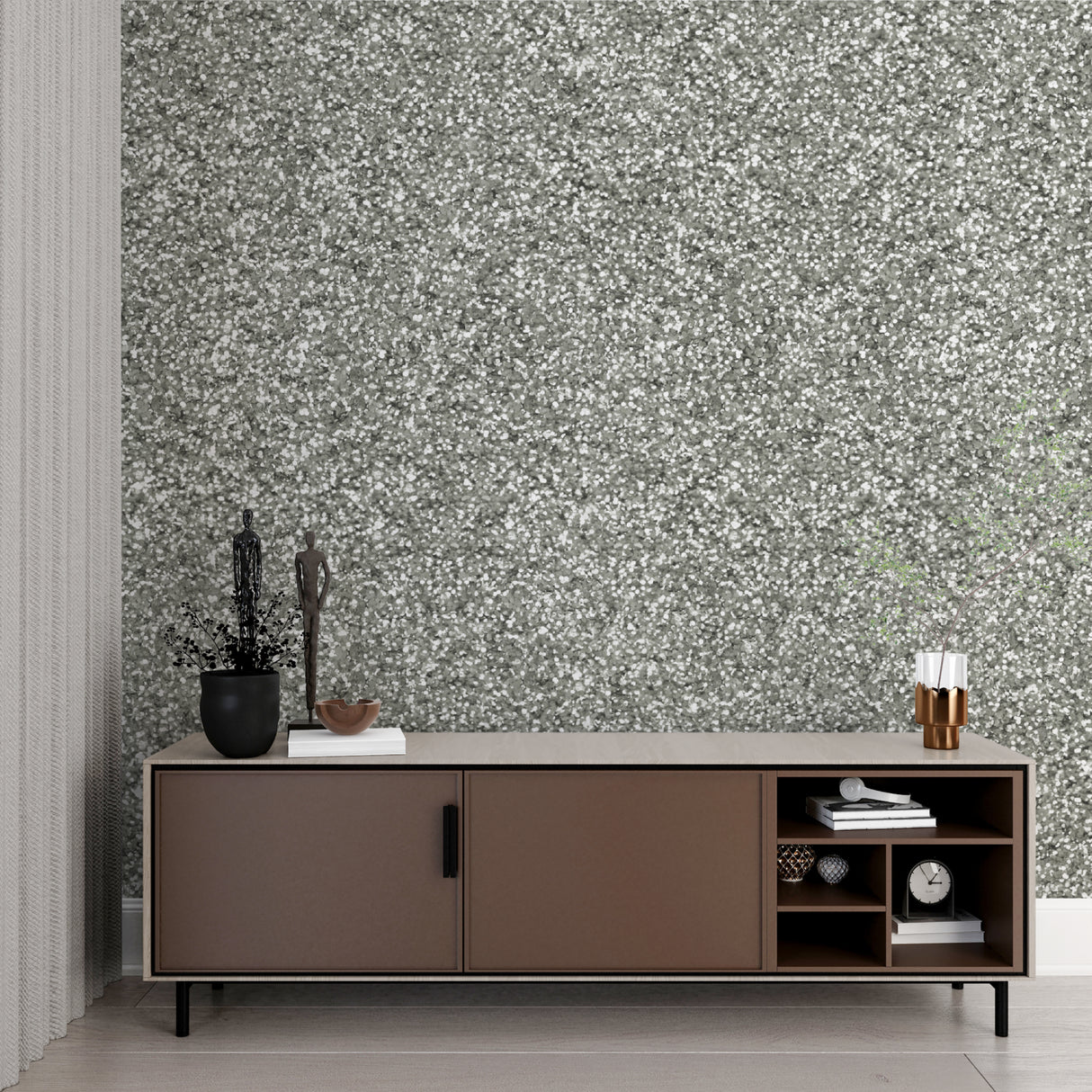 Sparkle wallpaper feature wall in master bedroom showing evening light shimmer effect