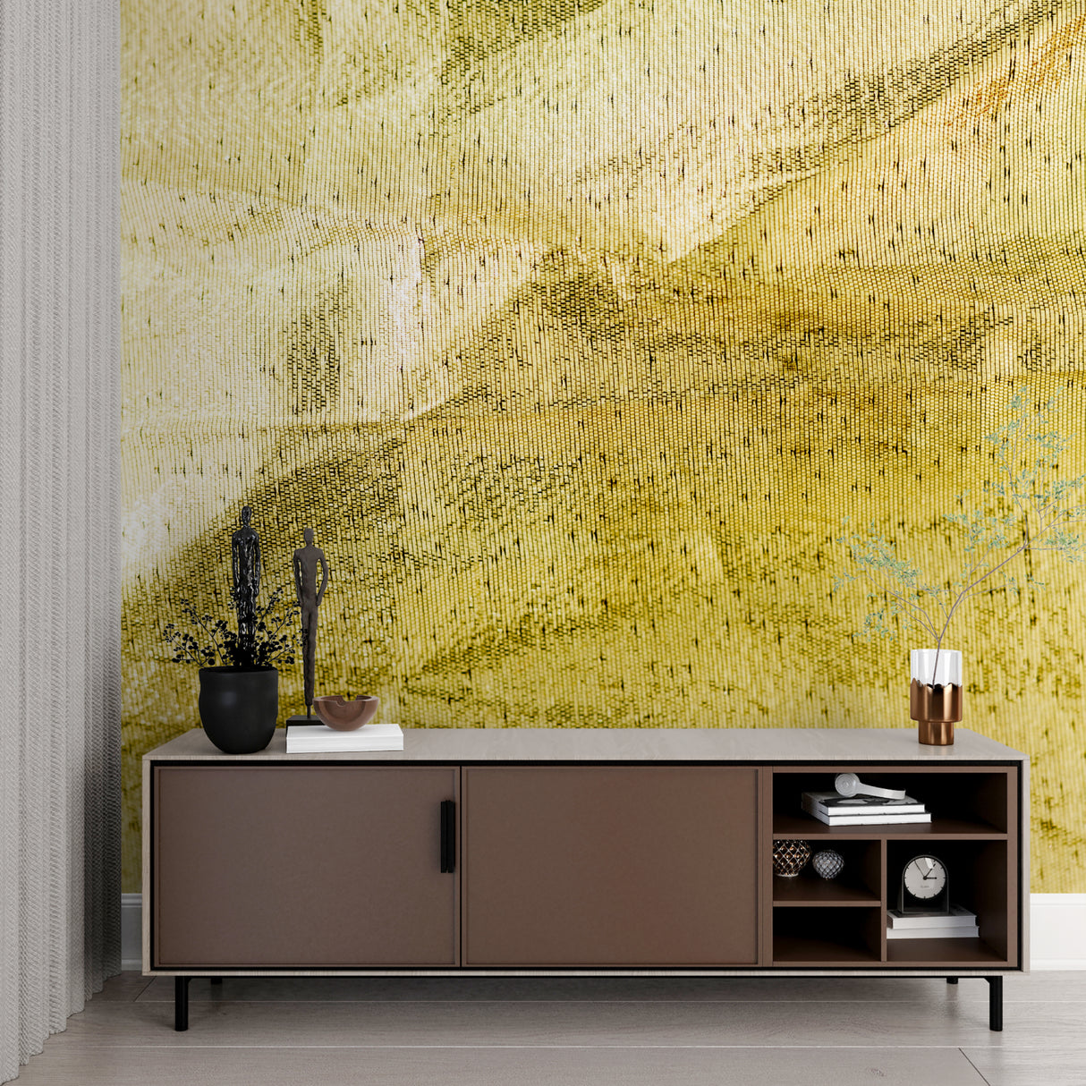 Gold leaf wallpaper creating a luxurious atmosphere in a modern living room with tall windows