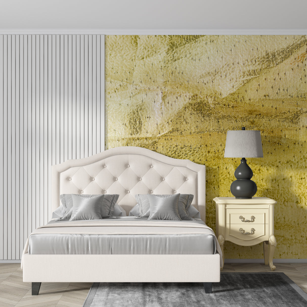 Metallic gold leaf wall mural adding warmth to a master bedroom setting