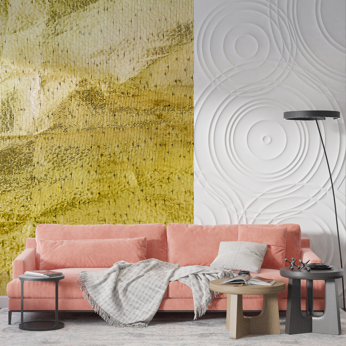 Textured gold leaf wallpaper making a statement in an elegant dining room