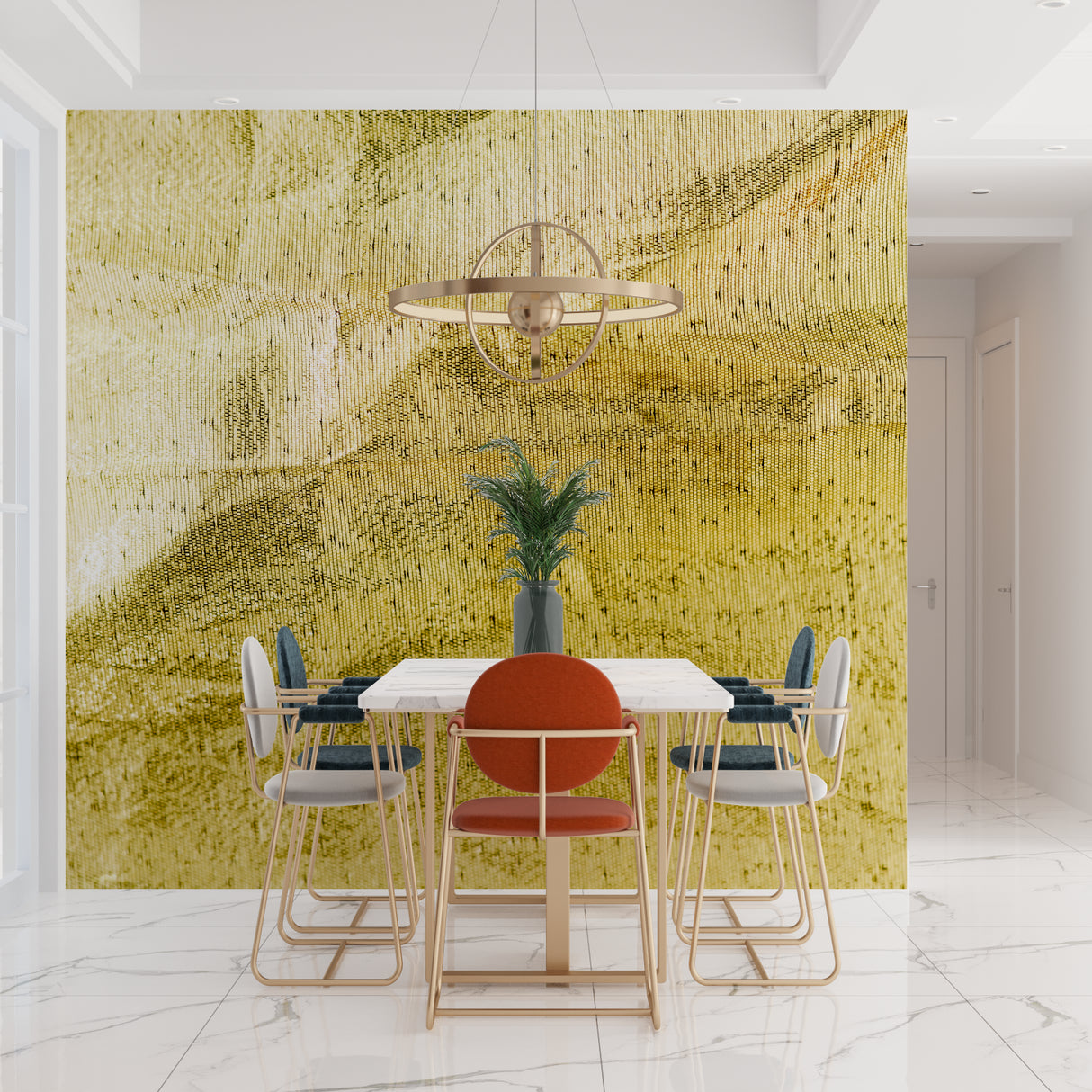 Gold leaf wall design catching light in a luxury hotel-style entrance