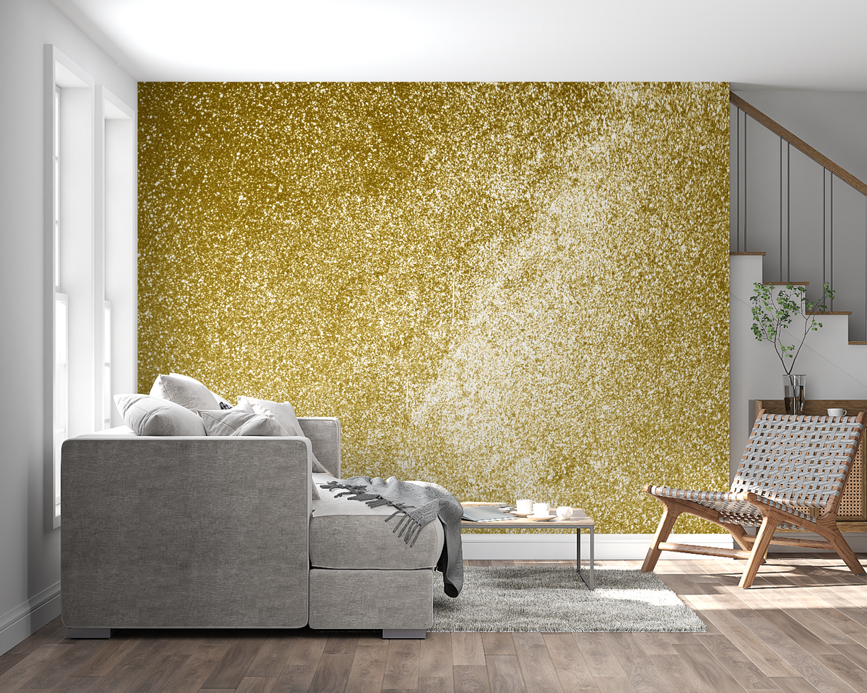 Metallic gold wallpaper making a statement in a master bedroom with evening lighting
