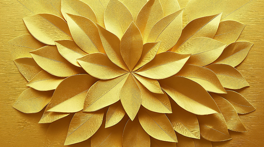 Golden lotus 3D wallpaper creating a luxurious atmosphere in a modern living room with high ceilings