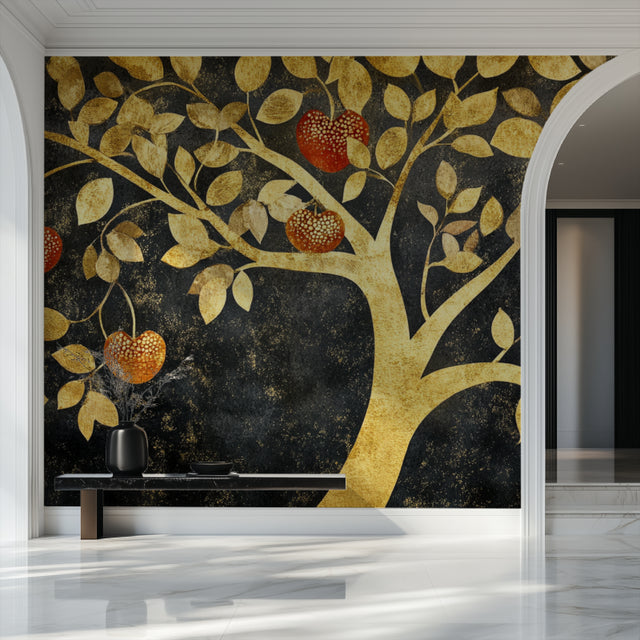 Art deco tree wallpaper in elegant dining room with golden accents