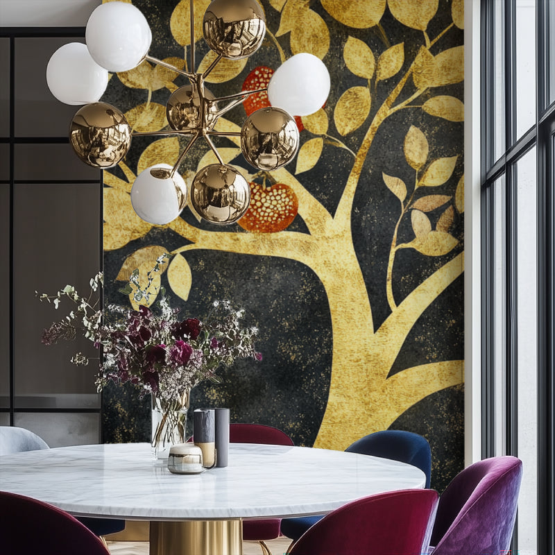 Luxury golden tree mural creating drama in modern living room