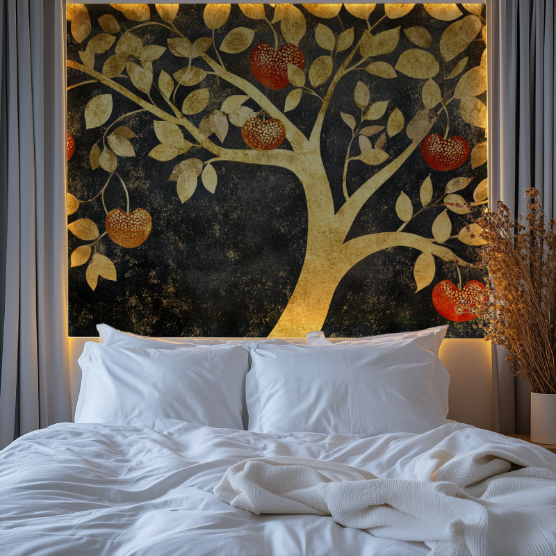 Golden tree wall mural making statement in hotel lobby