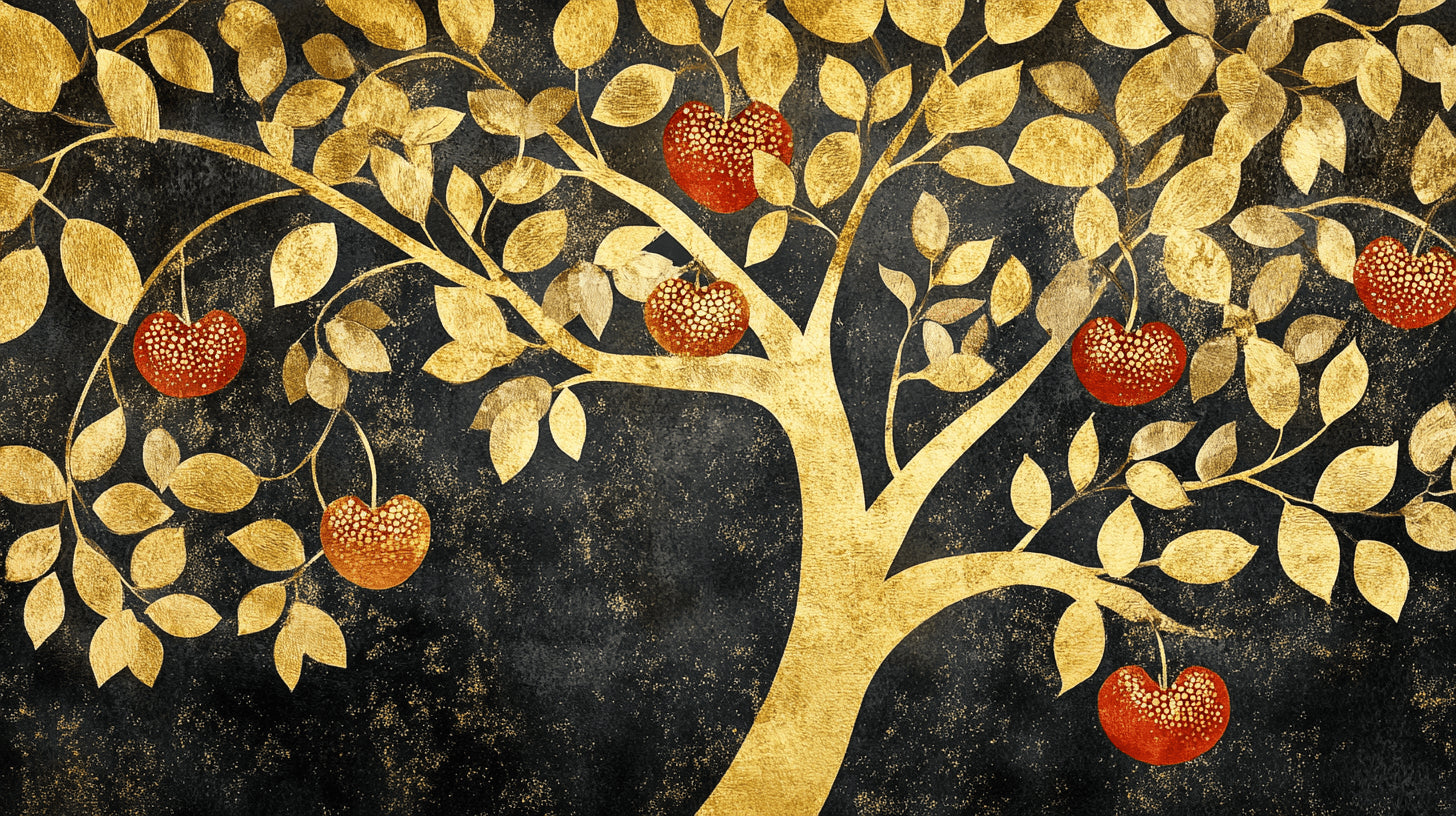 Art deco tree design file showing intricate golden branches and fruit details