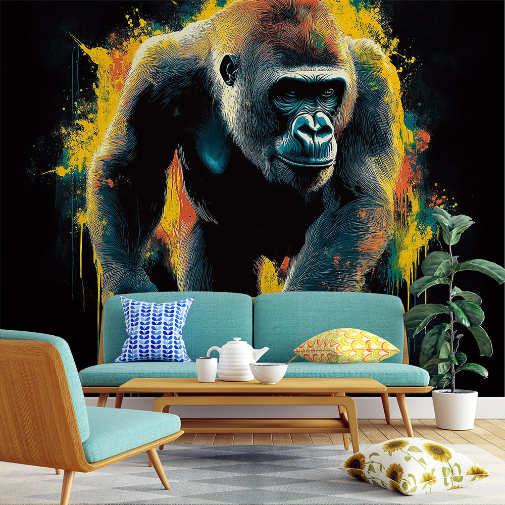 Modern gorilla wallpaper mural displayed in a minimal living room, showing dramatic black and yellow art against white walls