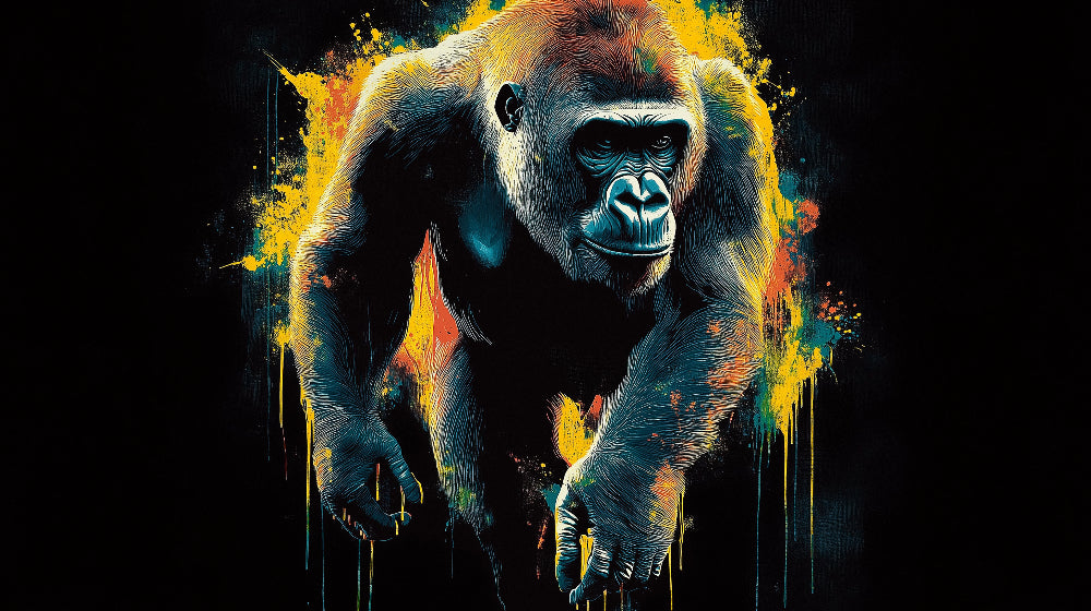Gorilla wallpaper design file showing detailed black and yellow paint splash portrait pattern