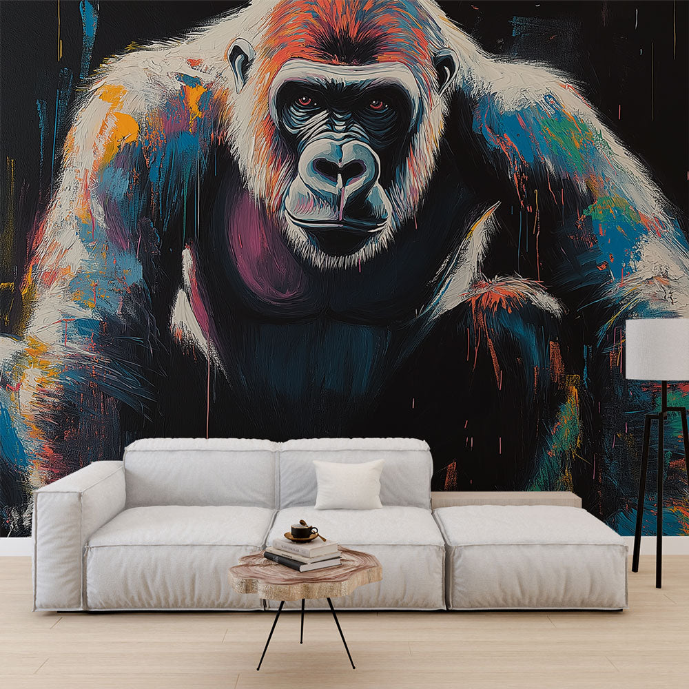 Modern office space transformed with a Colorful Street Art Gorilla Mural Wallpaper, creating an inspiring workspace atmosphere