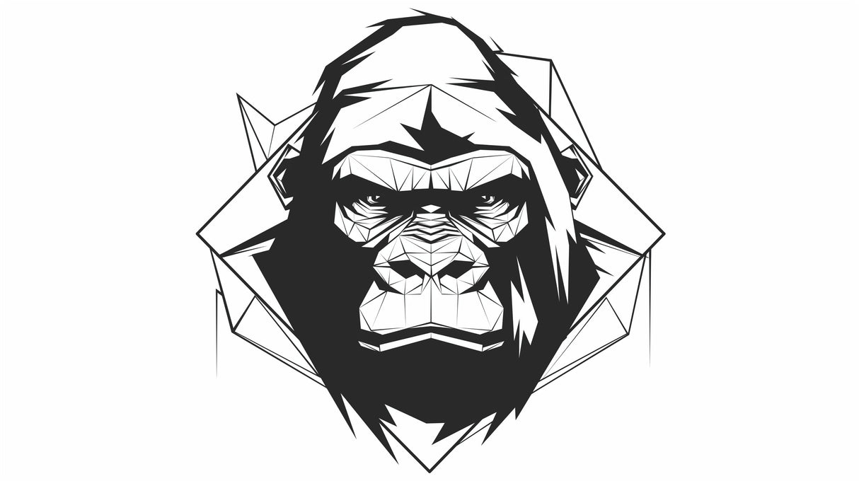 Black and white geometric gorilla pattern design file showing intricate angular details