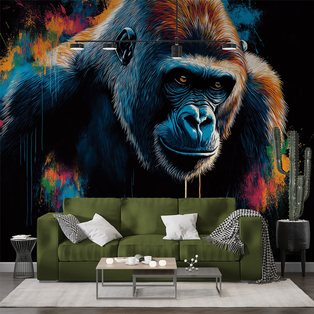Modern office space featuring Street Art Gorilla Wallpaper creating dramatic focal point against white furniture