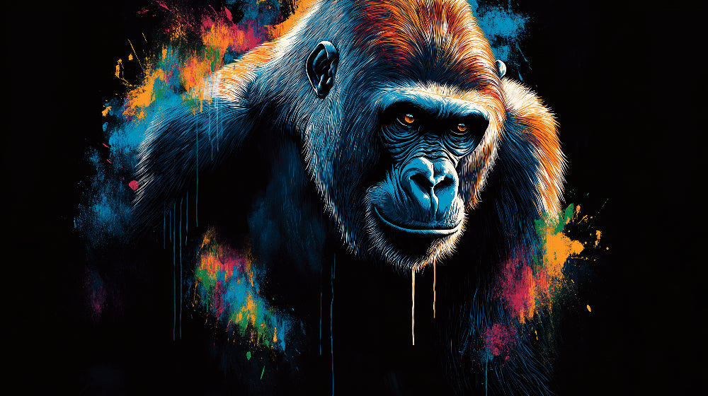 Street art gorilla wallpaper design file showing detailed portrait with vibrant color splashes on black background