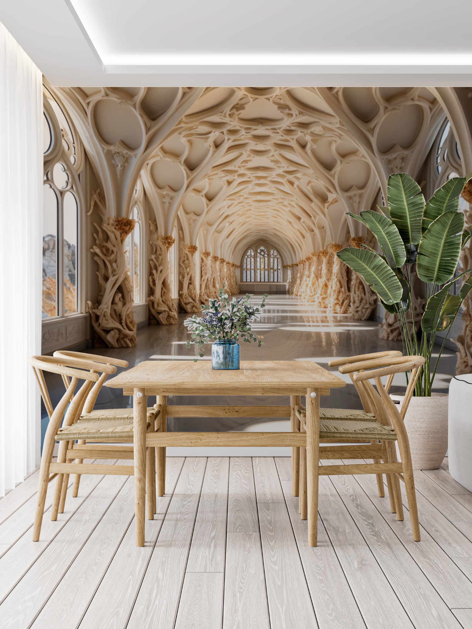Cathedral Corridor Mural creating depth in elegant dining room with vaulted ceiling details