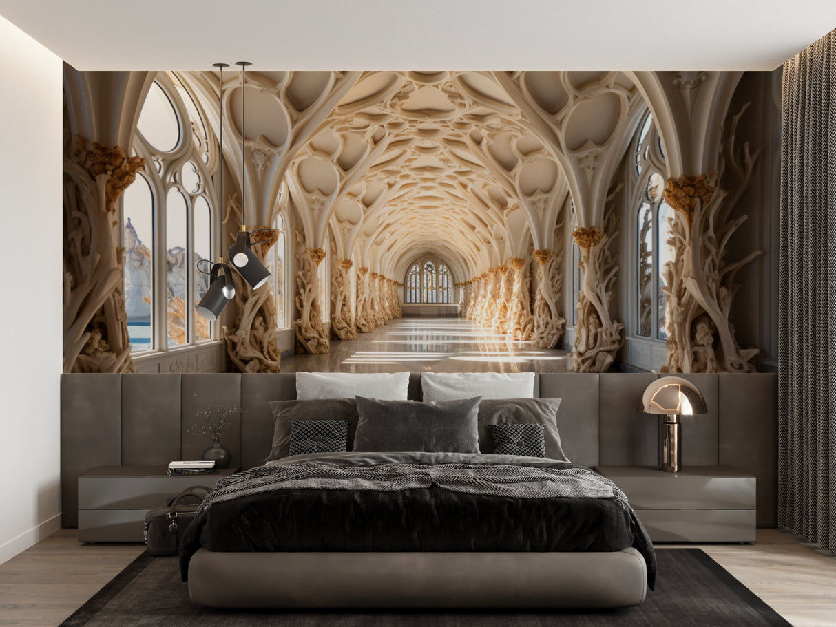 Architectural wallpaper in hallway showing Gothic arches and golden details