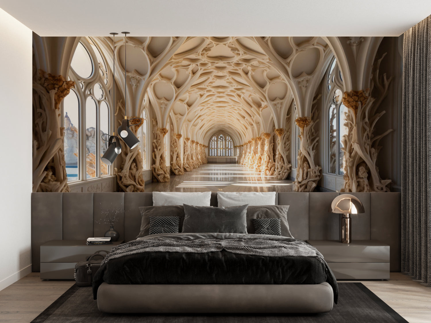 Architectural wallpaper in hallway showing Gothic arches and golden details
