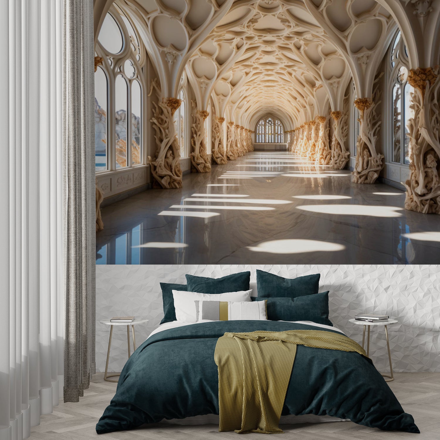 Gothic architecture wallpaper adding grandeur to home office with stone texture details