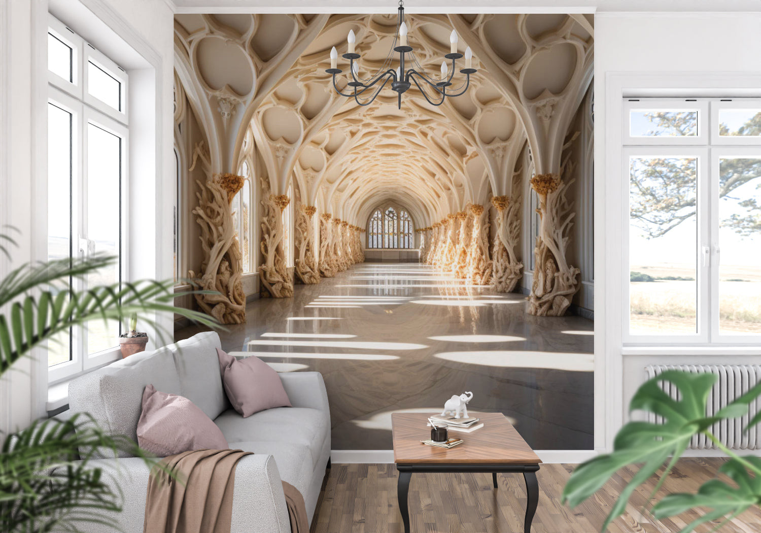Cathedral wall mural in master bedroom showcasing ornate architectural features