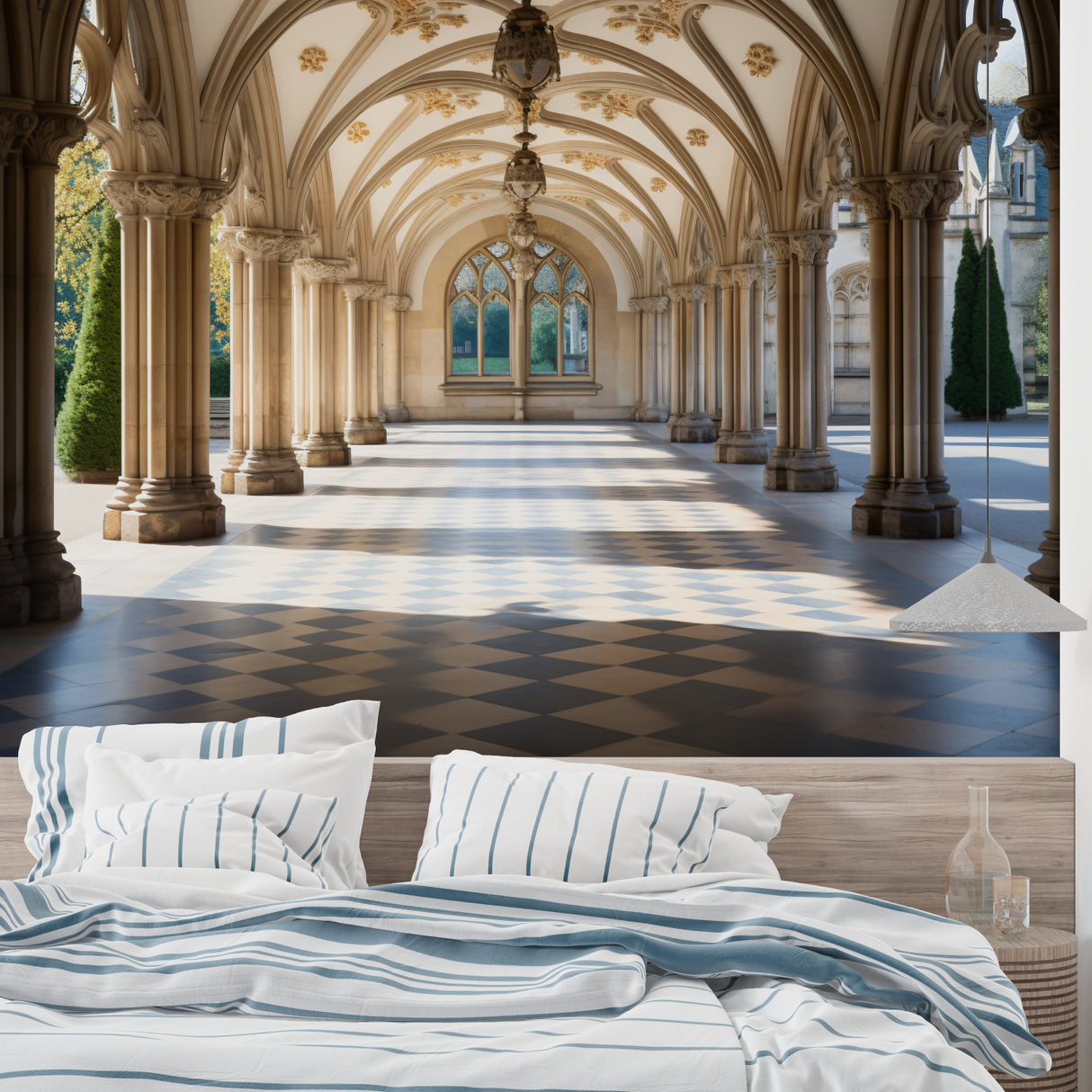 Gothic architecture wallpaper mural showcased in a modern living room with high ceilings