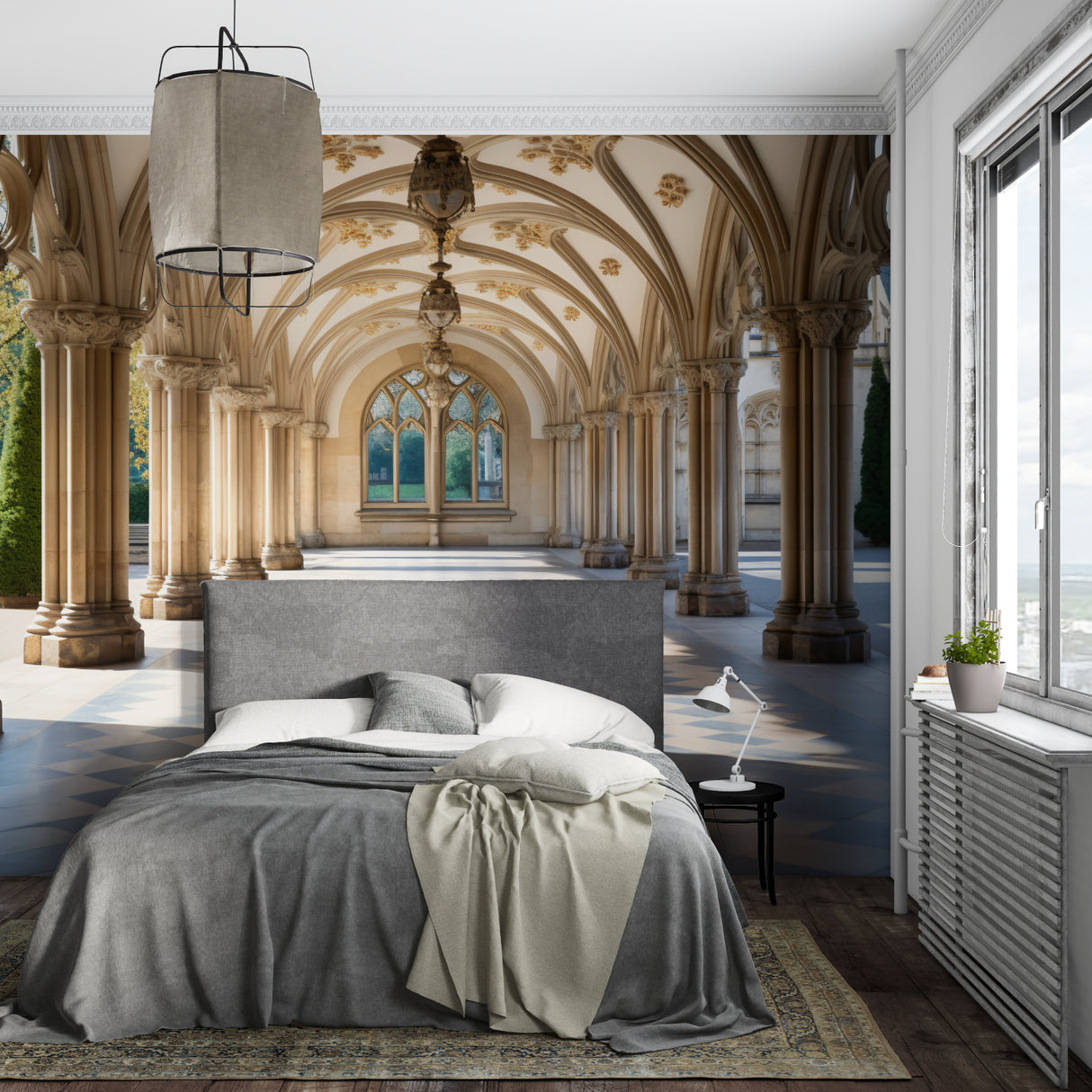 Cathedral wall mural creating depth in an elegant dining room setting