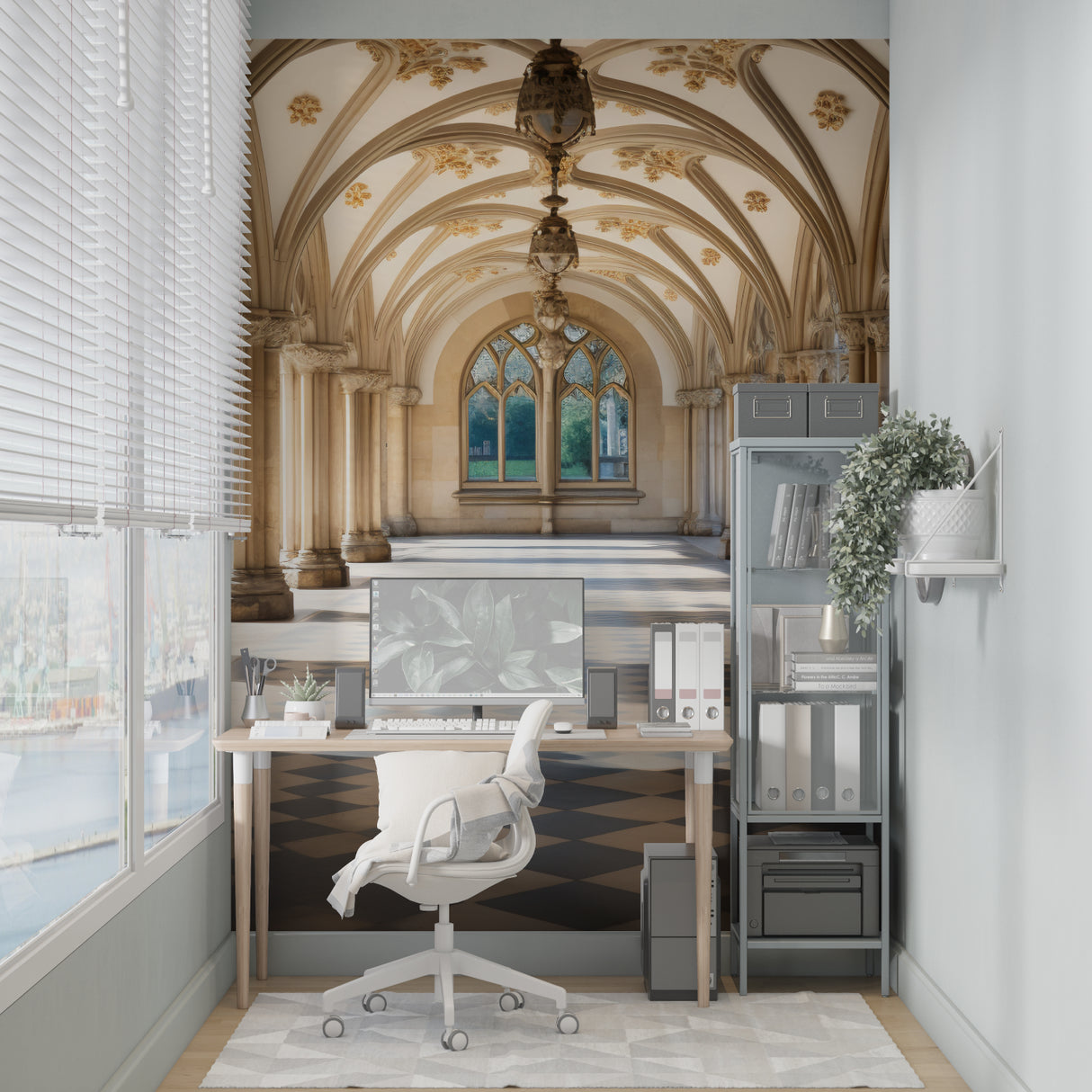 Architectural wallpaper transforming a home office with Gothic arches and columns