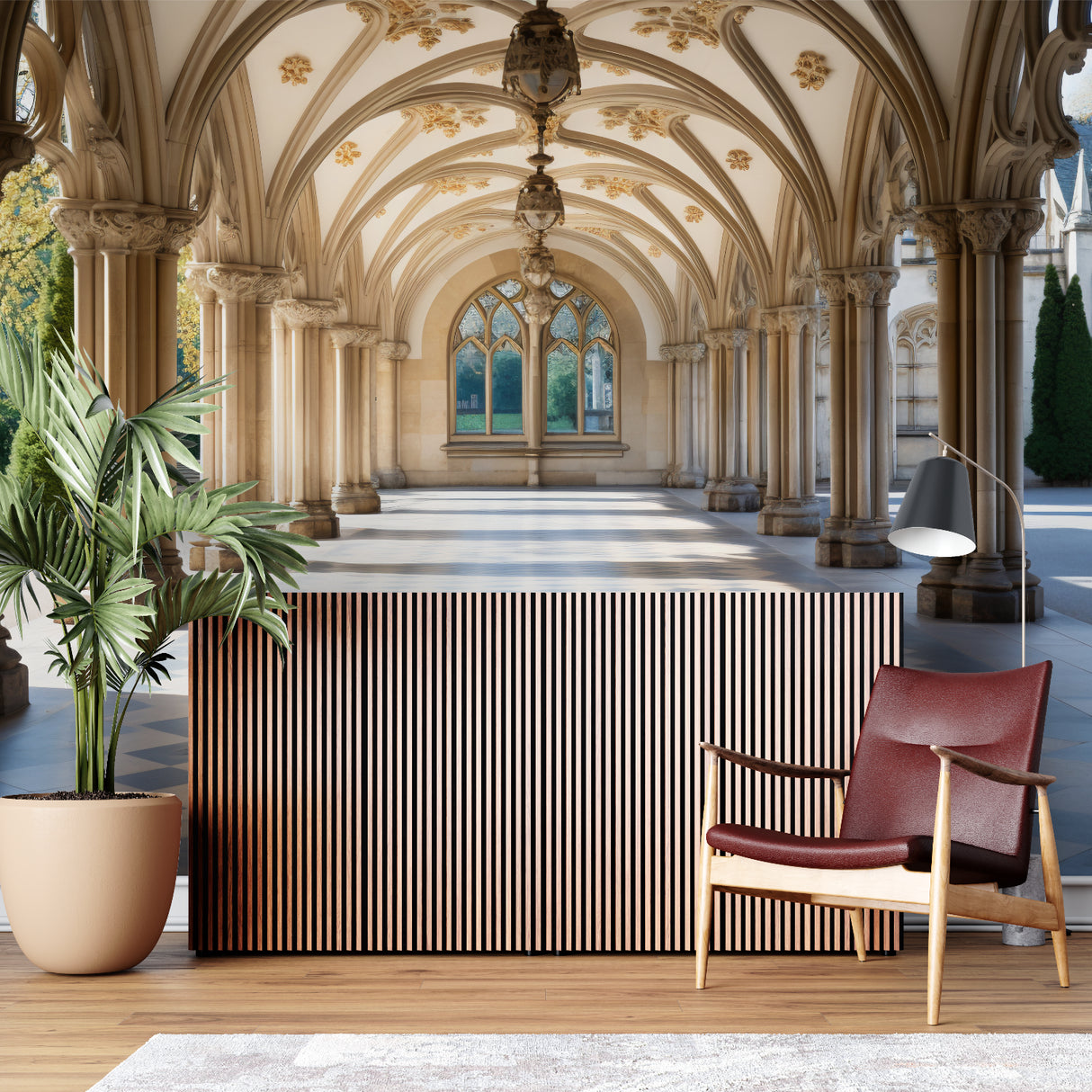 Gothic mural wallpaper adding grandeur to a hallway with natural lighting