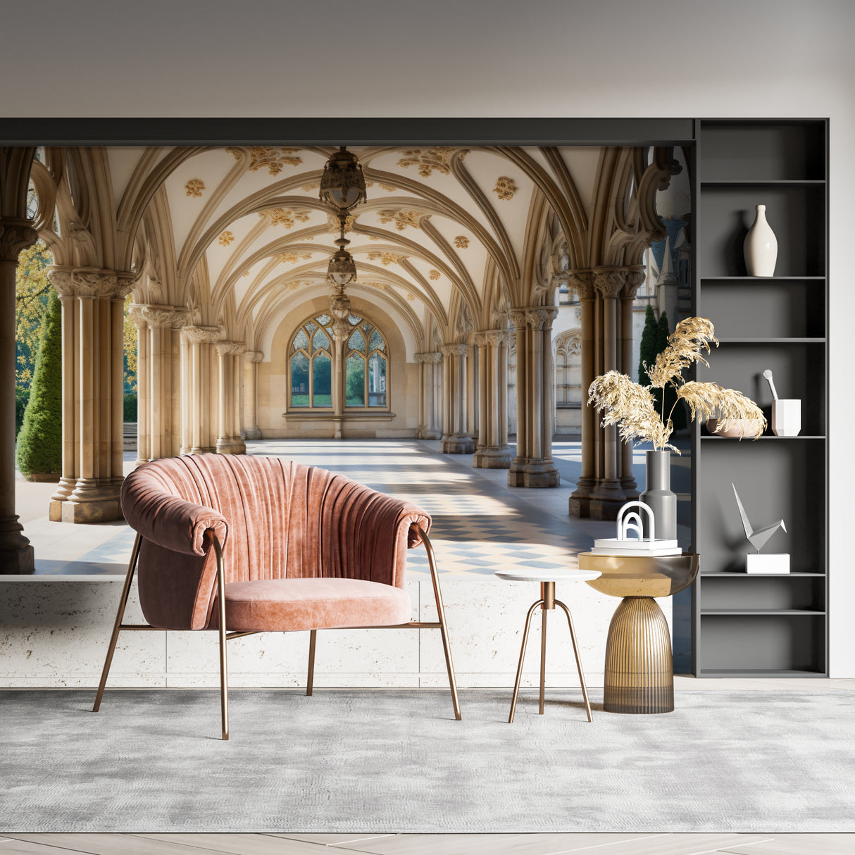 Cathedral arch wallpaper creating depth in a modern dining room setting