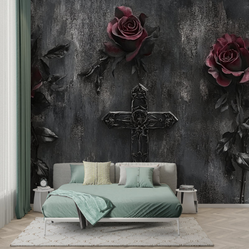 Dark floral wallpaper with gothic cross in moody dining room setting