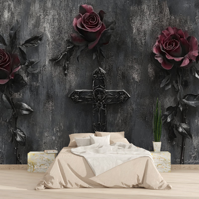 Gothic wall mural featuring burgundy roses in elegant living room