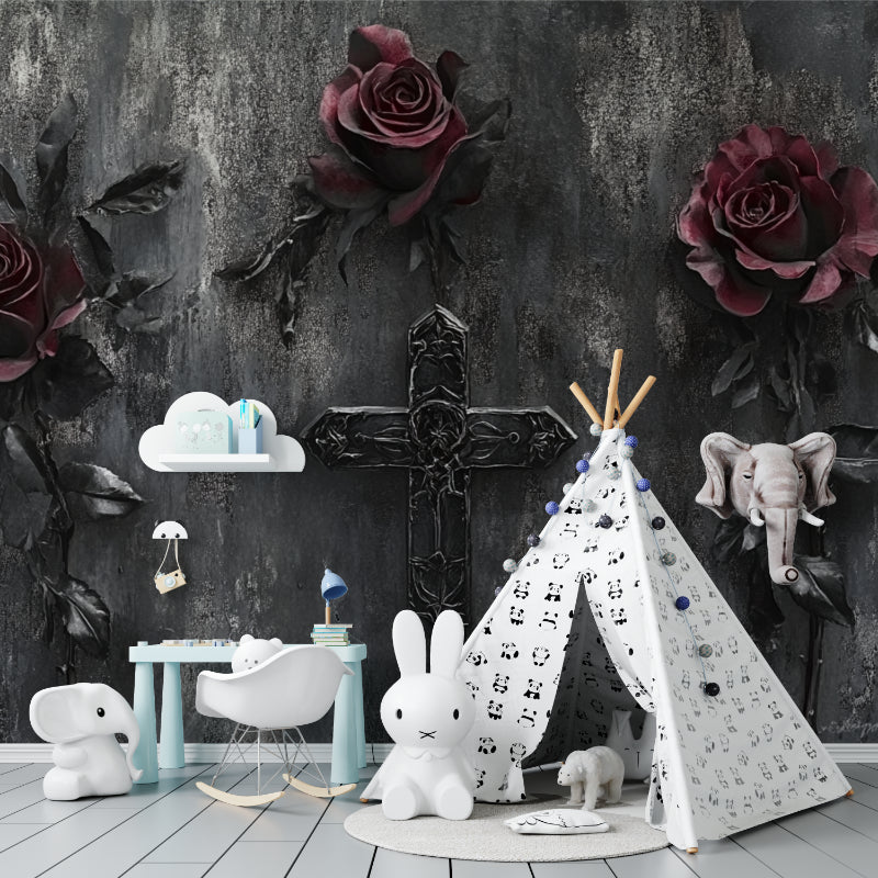 Metal cross and dark roses wallpaper in gothic style home office