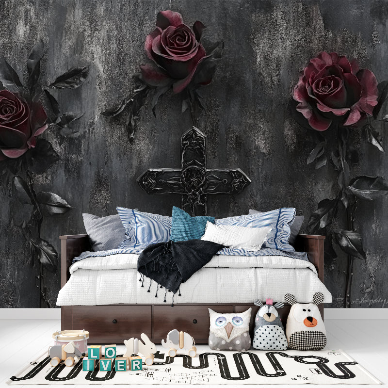 Gothic rose mural creating dramatic accent wall in boutique interior