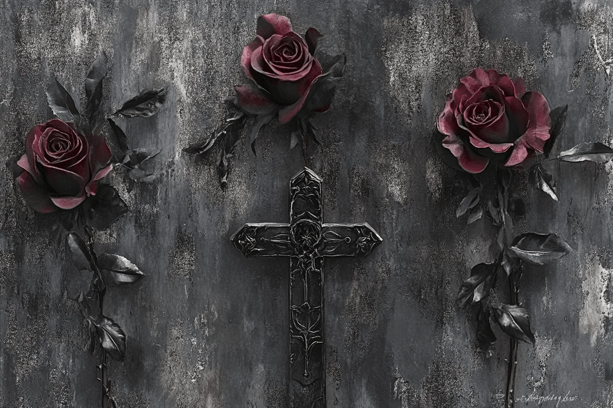 Dark roses and metal cross design file showing intricate pattern details and rich burgundy tones