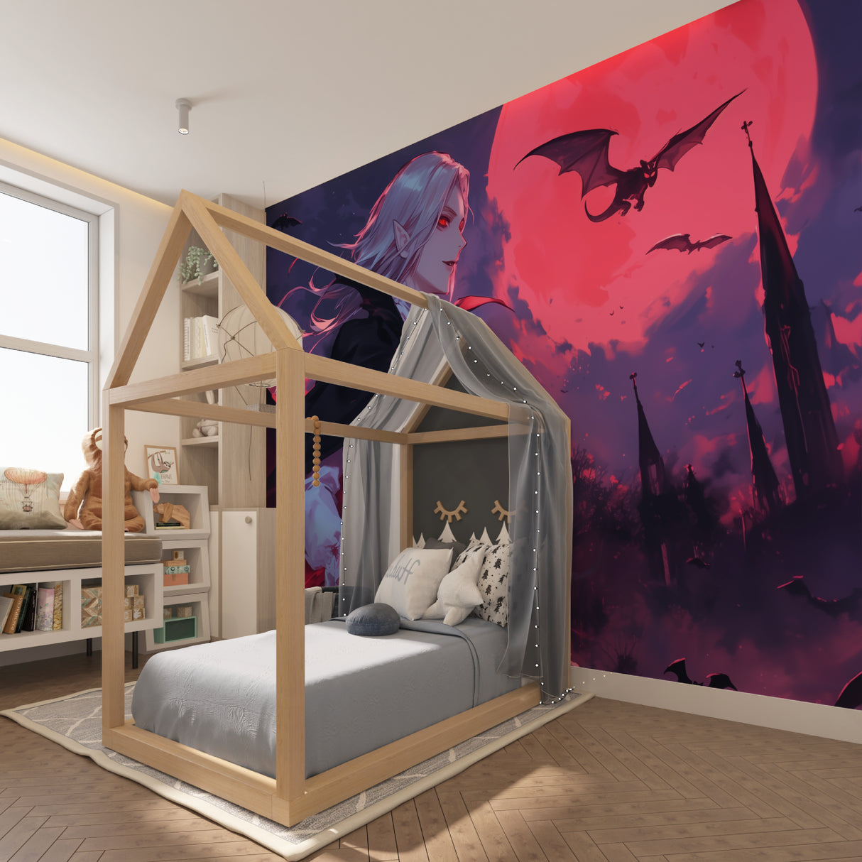 Gothic castle wallpaper creating dramatic atmosphere in modern gaming room with red and purple hues