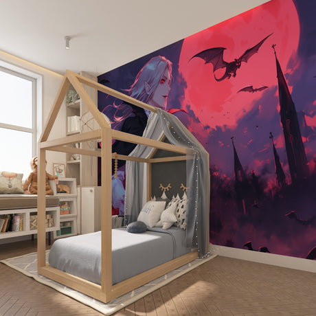 Gothic castle wallpaper creating dramatic atmosphere in modern gaming room with red and purple hues