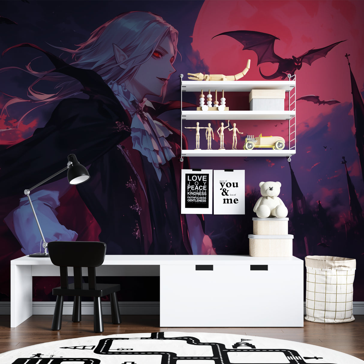 Vampire castle mural bringing dark fantasy vibes to teen bedroom with mood lighting