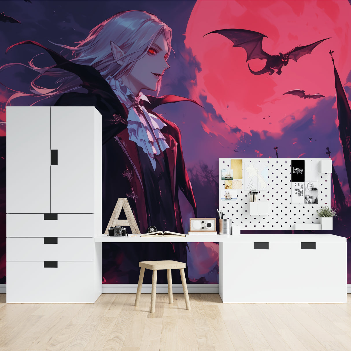 Blood moon gothic wallpaper making bold statement in dark home theater setup