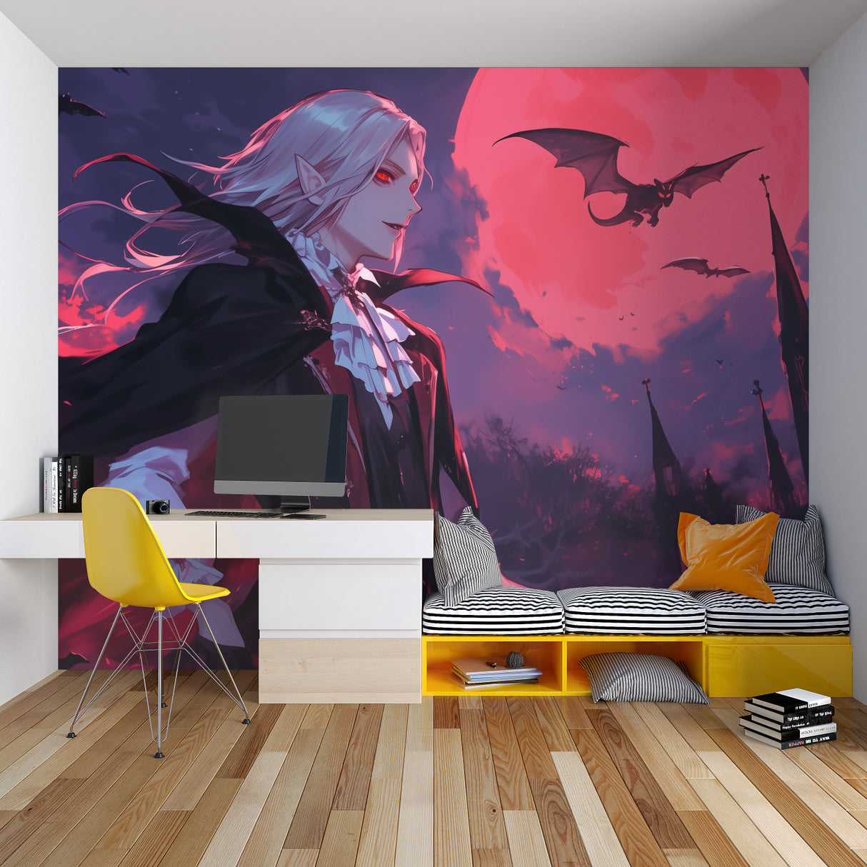 Dark castle wall mural creating spooky ambiance in Halloween party room setup