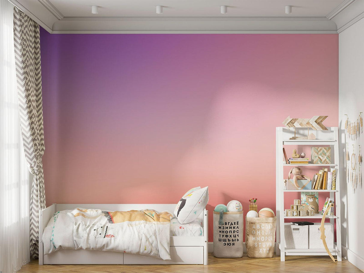 Pink to purple gradient wallpaper in modern living room creating a calm atmosphere