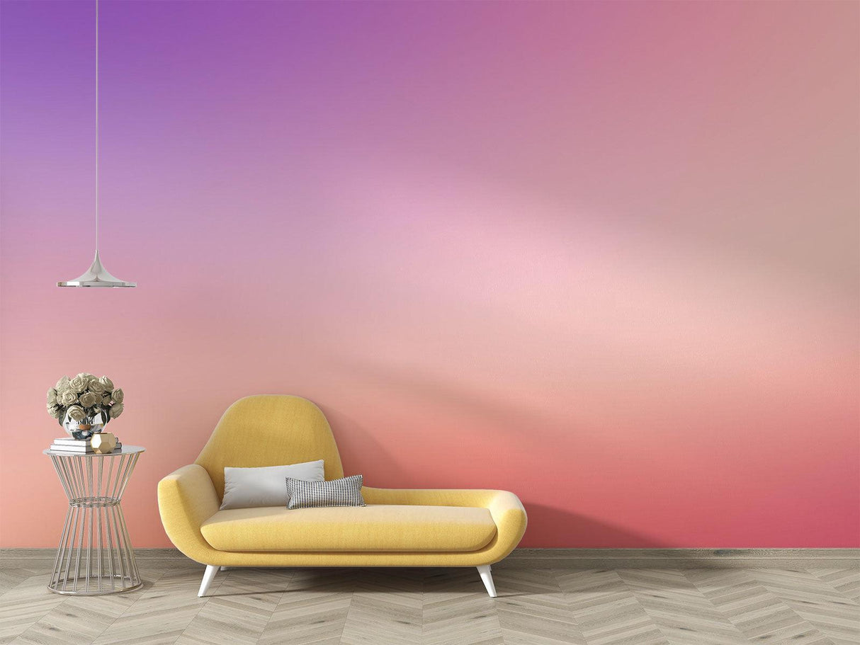 Gradient wall mural creating depth in dining room setting